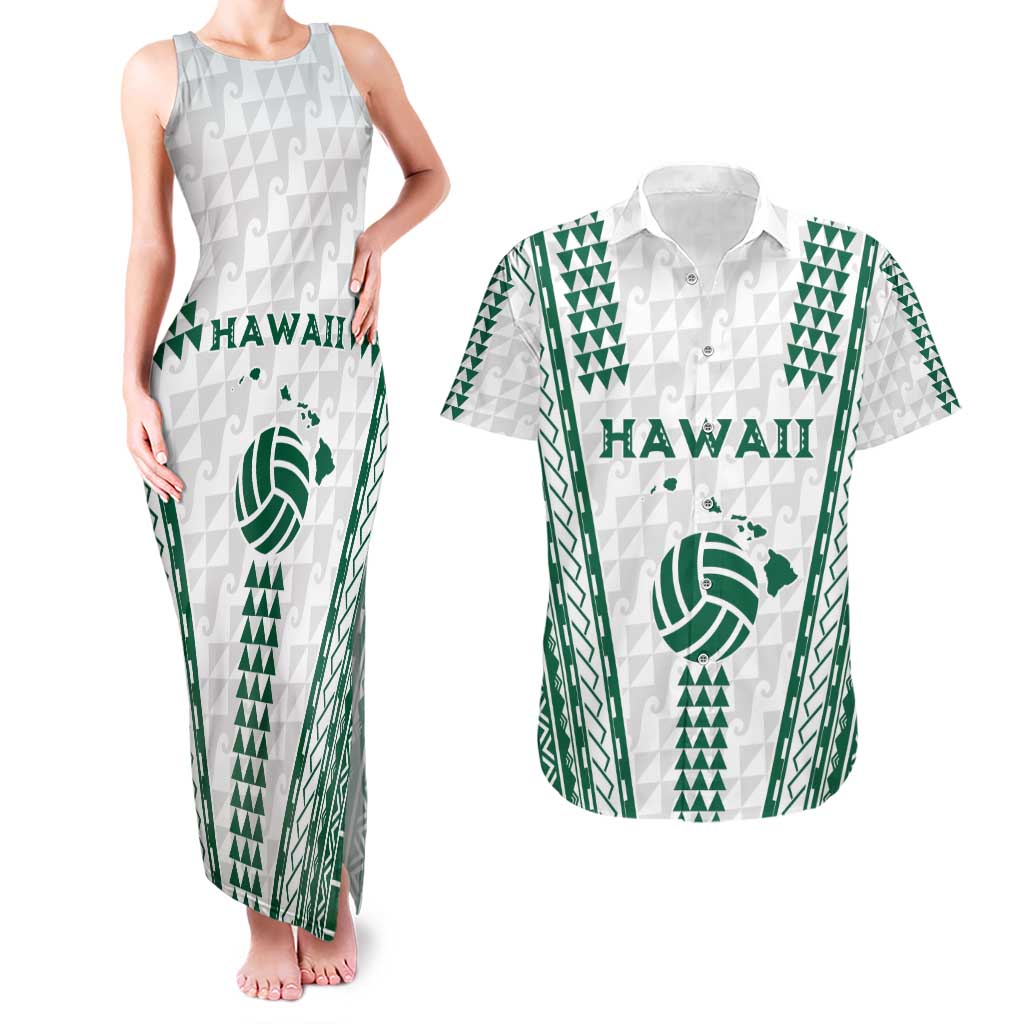 Polynesian Hawaii Volleyball Custom Couples Matching Tank Maxi Dress and Hawaiian Shirt White Kakau with Map Motif LT9 White - Polynesian Pride