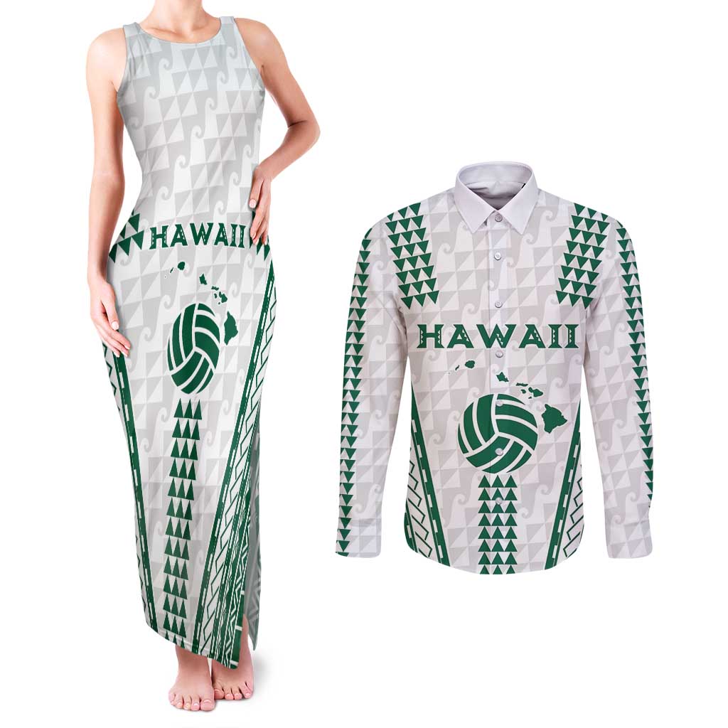 Polynesian Hawaii Volleyball Custom Couples Matching Tank Maxi Dress and Long Sleeve Button Shirt White Kakau with Map Motif LT9 White - Polynesian Pride
