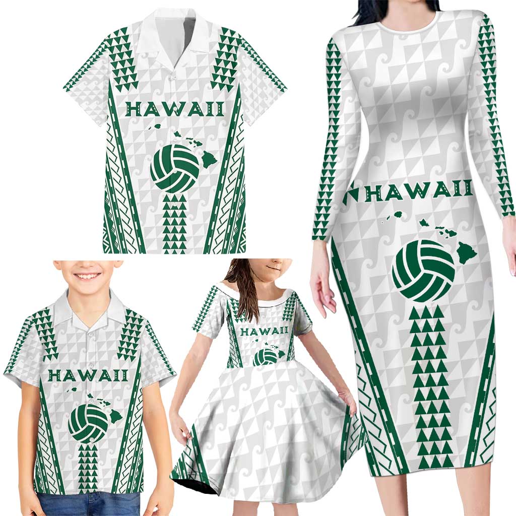 Polynesian Hawaii Volleyball Custom Family Matching Long Sleeve Bodycon Dress and Hawaiian Shirt White Kakau with Map Motif