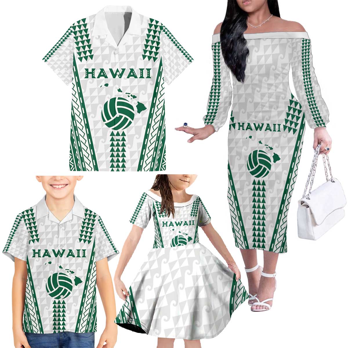 Polynesian Hawaii Volleyball Custom Family Matching Off The Shoulder Long Sleeve Dress and Hawaiian Shirt White Kakau with Map Motif