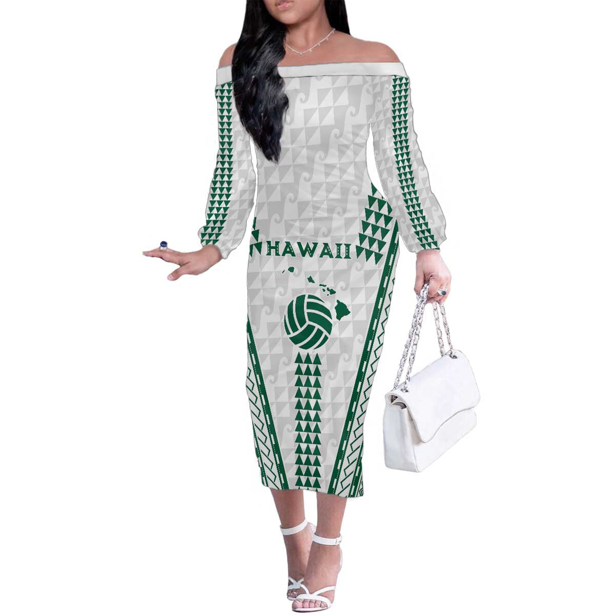 Polynesian Hawaii Volleyball Custom Family Matching Off The Shoulder Long Sleeve Dress and Hawaiian Shirt White Kakau with Map Motif