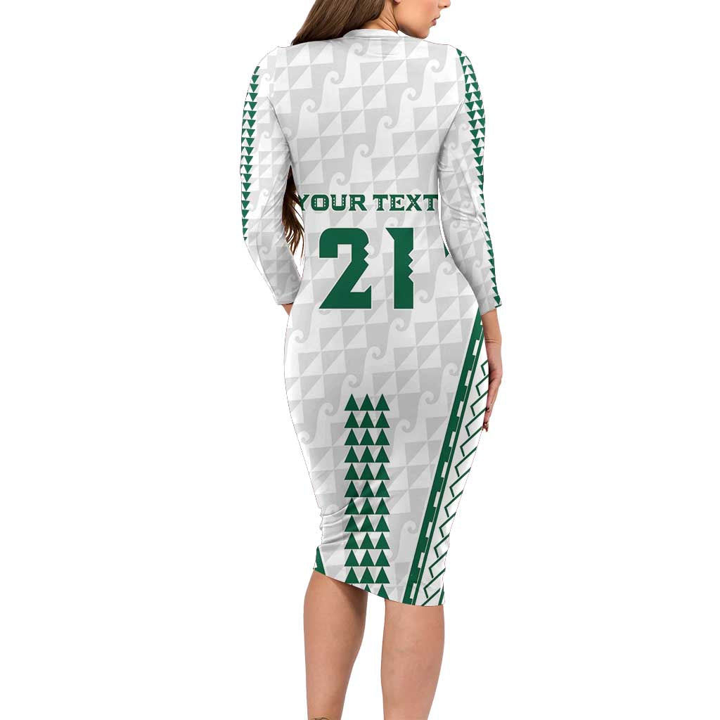 Polynesian Hawaii Volleyball Custom Long Sleeve Bodycon Dress White Kakau with Map Motif