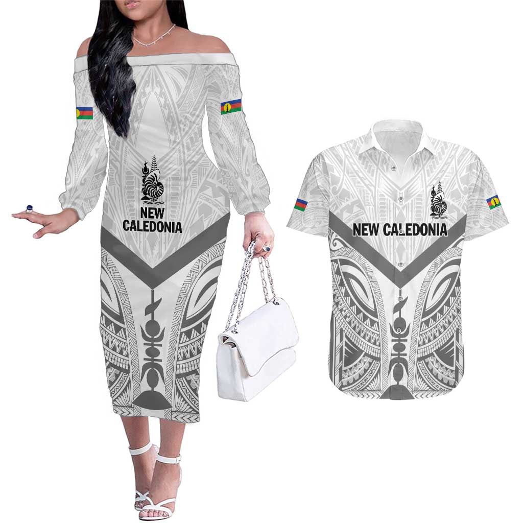 New Caledonia Football Custom Couples Matching Off The Shoulder Long Sleeve Dress and Hawaiian Shirt Go Champions Les Cagous