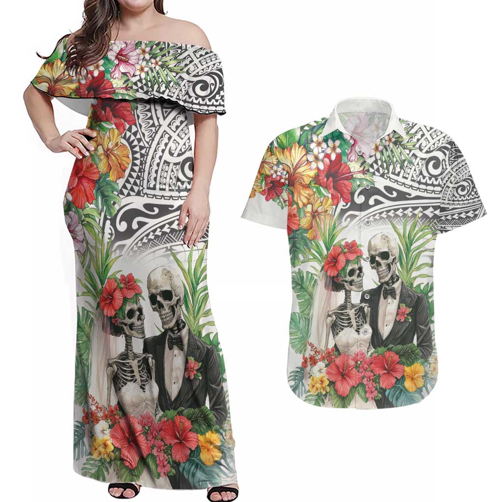 Skeleton Love for Valentine’s Day Couples Matching Off Shoulder Maxi Dress and Hawaiian Shirt Polynesian Tribal Love Forever