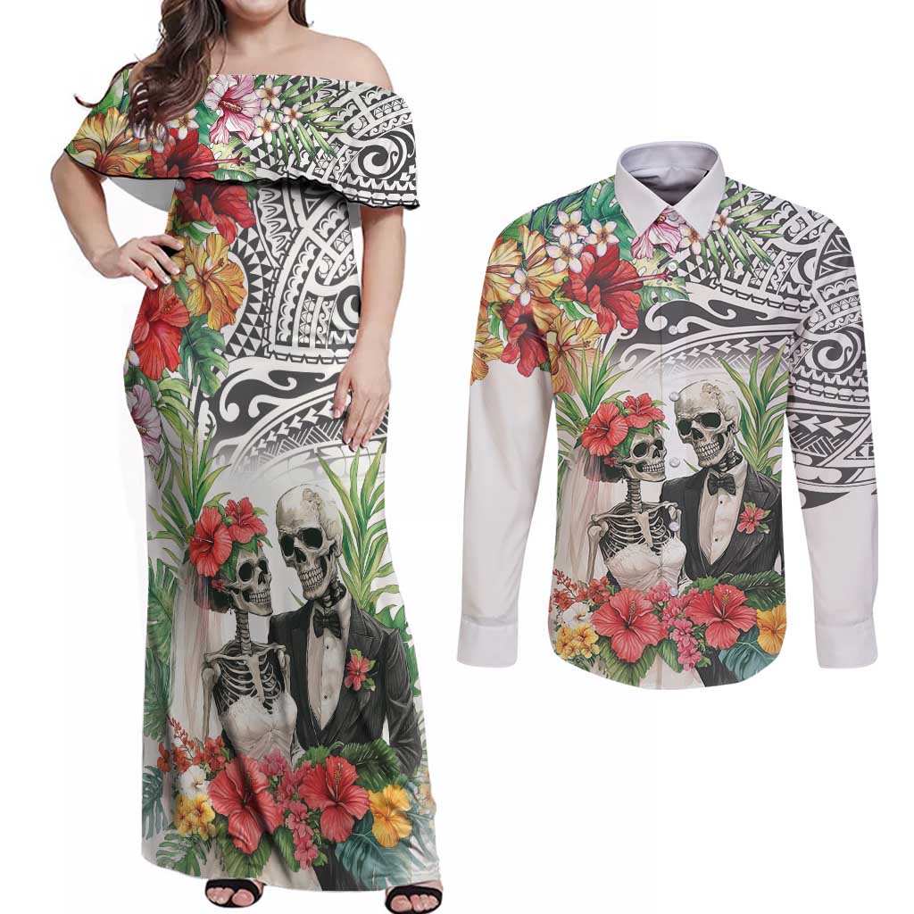 Skeleton Love for Valentines Day Couples Matching Off Shoulder Maxi Dress and Long Sleeve Button Shirt Polynesian Tribal Love Forever LT9 White - Polynesian Pride