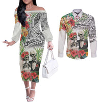 Skeleton Love for Valentine’s Day Couples Matching Off The Shoulder Long Sleeve Dress and Long Sleeve Button Shirt Polynesian Tribal Love Forever