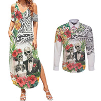 Skeleton Love for Valentine’s Day Couples Matching Summer Maxi Dress and Long Sleeve Button Shirt Polynesian Tribal Love Forever