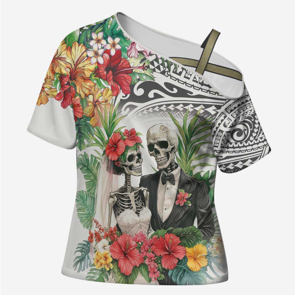 Skeleton Love for Valentines Day Cross Shoulder Shirt Polynesian Tribal Love Forever LT9 Female White - Polynesian Pride