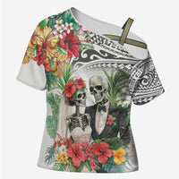 Skeleton Love for Valentines Day Cross Shoulder Shirt Polynesian Tribal Love Forever LT9 Female White - Polynesian Pride