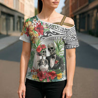 Skeleton Love for Valentines Day Cross Shoulder Shirt Polynesian Tribal Love Forever LT9 - Polynesian Pride