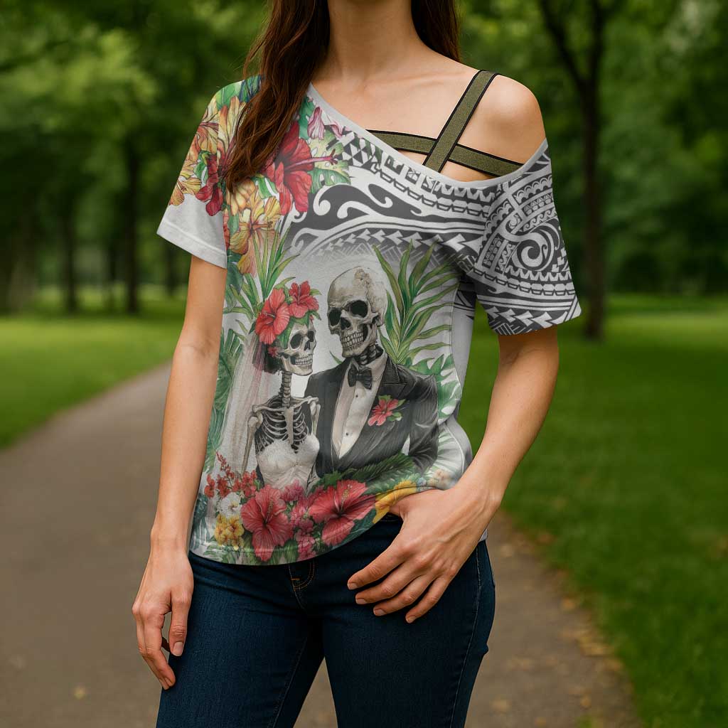 Skeleton Love for Valentines Day Cross Shoulder Shirt Polynesian Tribal Love Forever LT9 - Polynesian Pride