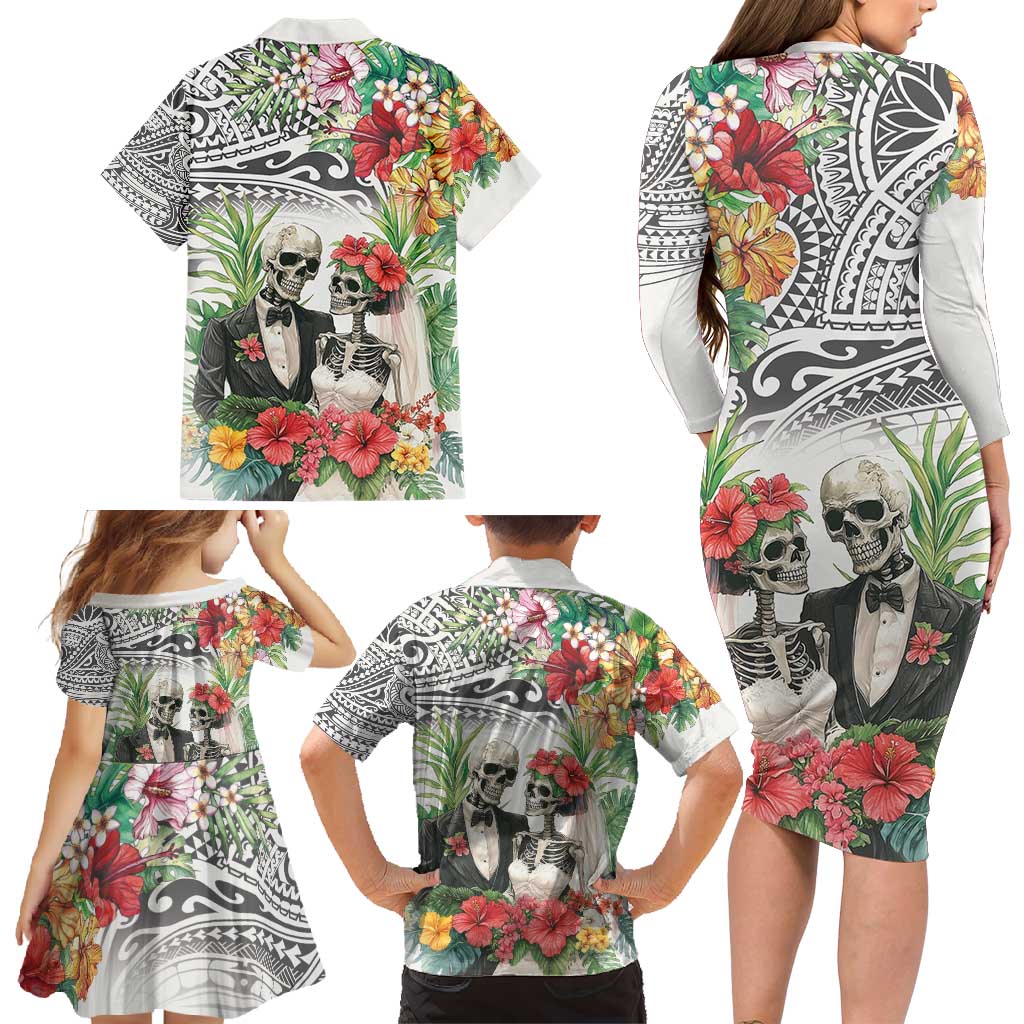 Skeleton Love for Valentine’s Day Family Matching Long Sleeve Bodycon Dress and Hawaiian Shirt Polynesian Tribal Love Forever
