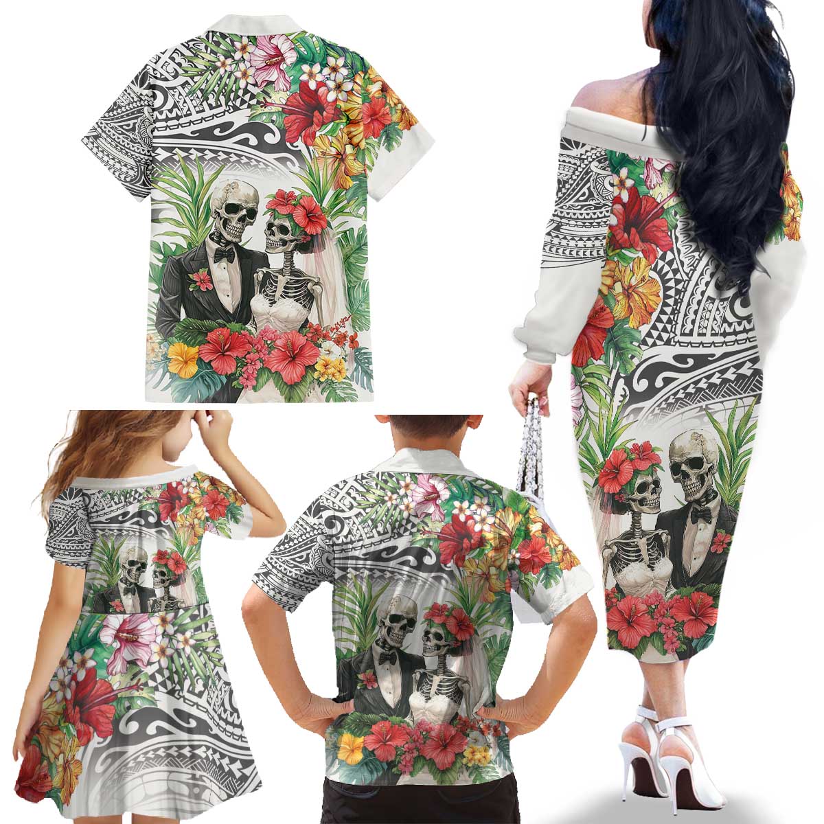 Skeleton Love for Valentine’s Day Family Matching Off The Shoulder Long Sleeve Dress and Hawaiian Shirt Polynesian Tribal Love Forever