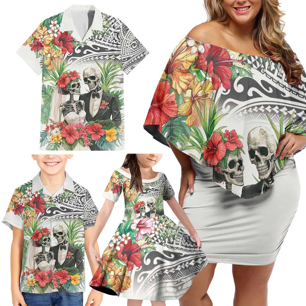 Skeleton Love for Valentine’s Day Family Matching Off Shoulder Short Dress and Hawaiian Shirt Polynesian Tribal Love Forever