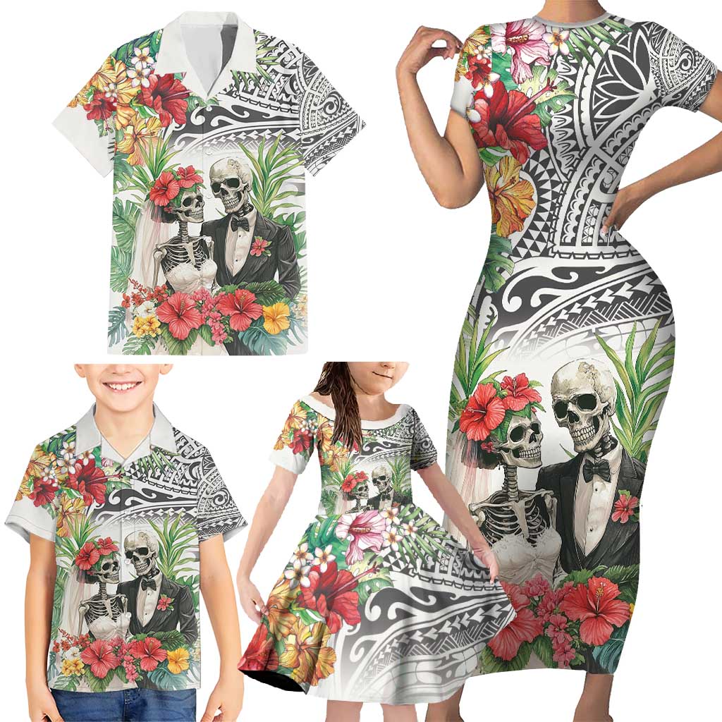 Skeleton Love for Valentine’s Day Family Matching Short Sleeve Bodycon Dress and Hawaiian Shirt Polynesian Tribal Love Forever