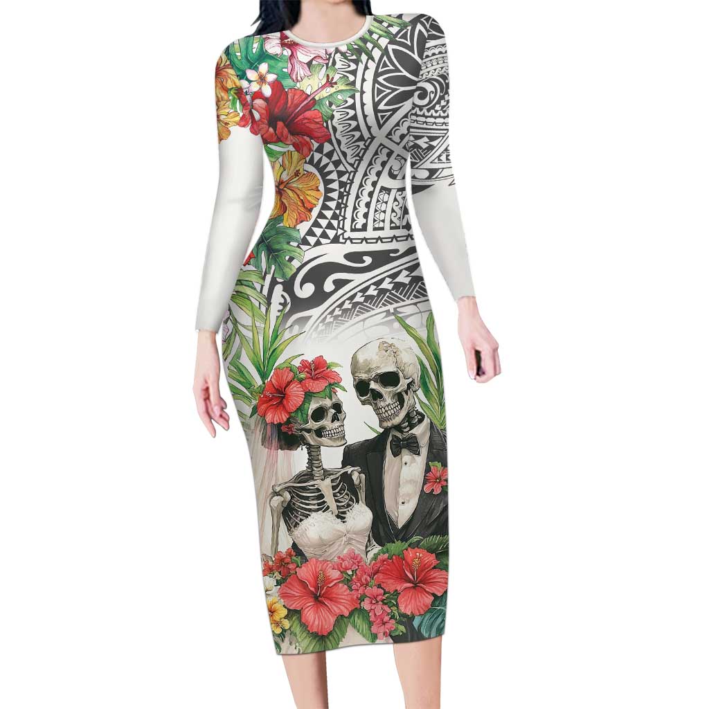 Skeleton Love for Valentine’s Day Long Sleeve Bodycon Dress Polynesian Tribal Love Forever