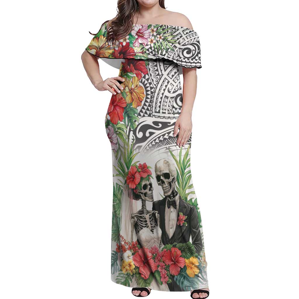 Skeleton Love for Valentine’s Day Off Shoulder Maxi Dress Polynesian Tribal Love Forever