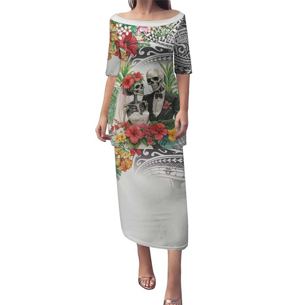 Skeleton Love for Valentines Day Puletasi Polynesian Tribal Love Forever LT9 Long Dress White - Polynesian Pride