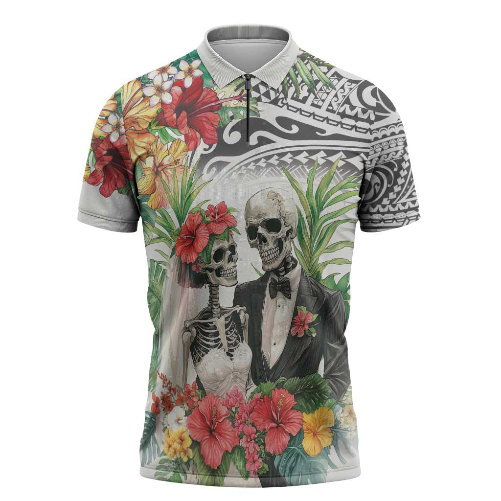 Skeleton Love for Valentines Day Zipper Polo Shirt Polynesian Tribal Love Forever LT9 White - Polynesian Pride