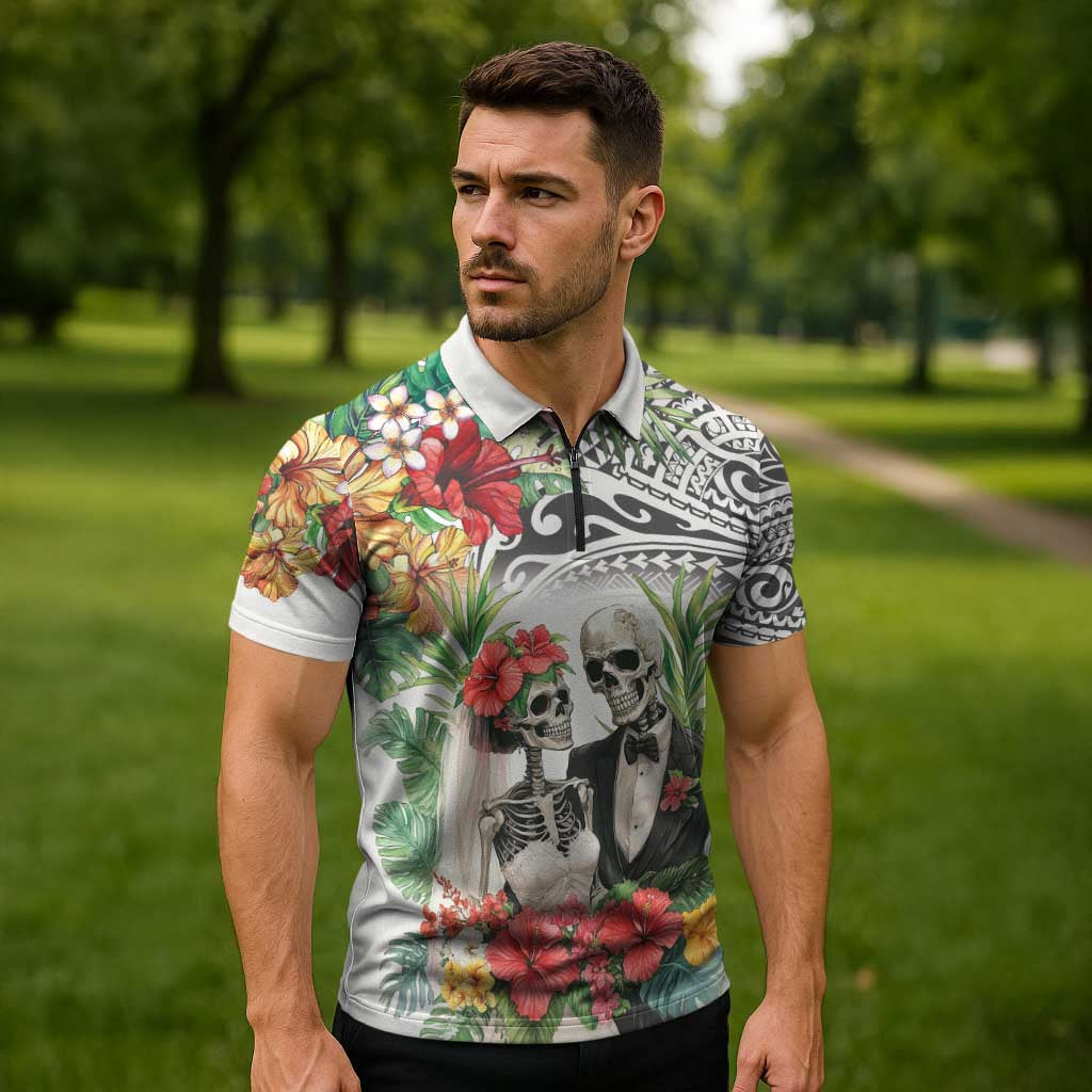 Skeleton Love for Valentines Day Zipper Polo Shirt Polynesian Tribal Love Forever LT9 - Polynesian Pride