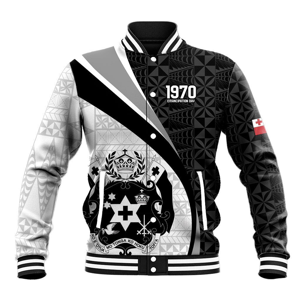 Personalised Tonga Emancipation Day Baseball Jacket Since 1970 Ngatu Tribal Pattern LT9 Unisex Black - Polynesian Pride