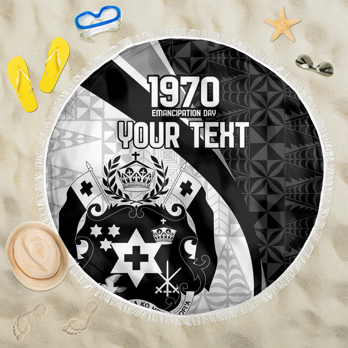 Personalised Tonga Emancipation Day Beach Blanket Since 1970 Ngatu Tribal Pattern LT9 One Size 150cm Black - Polynesian Pride