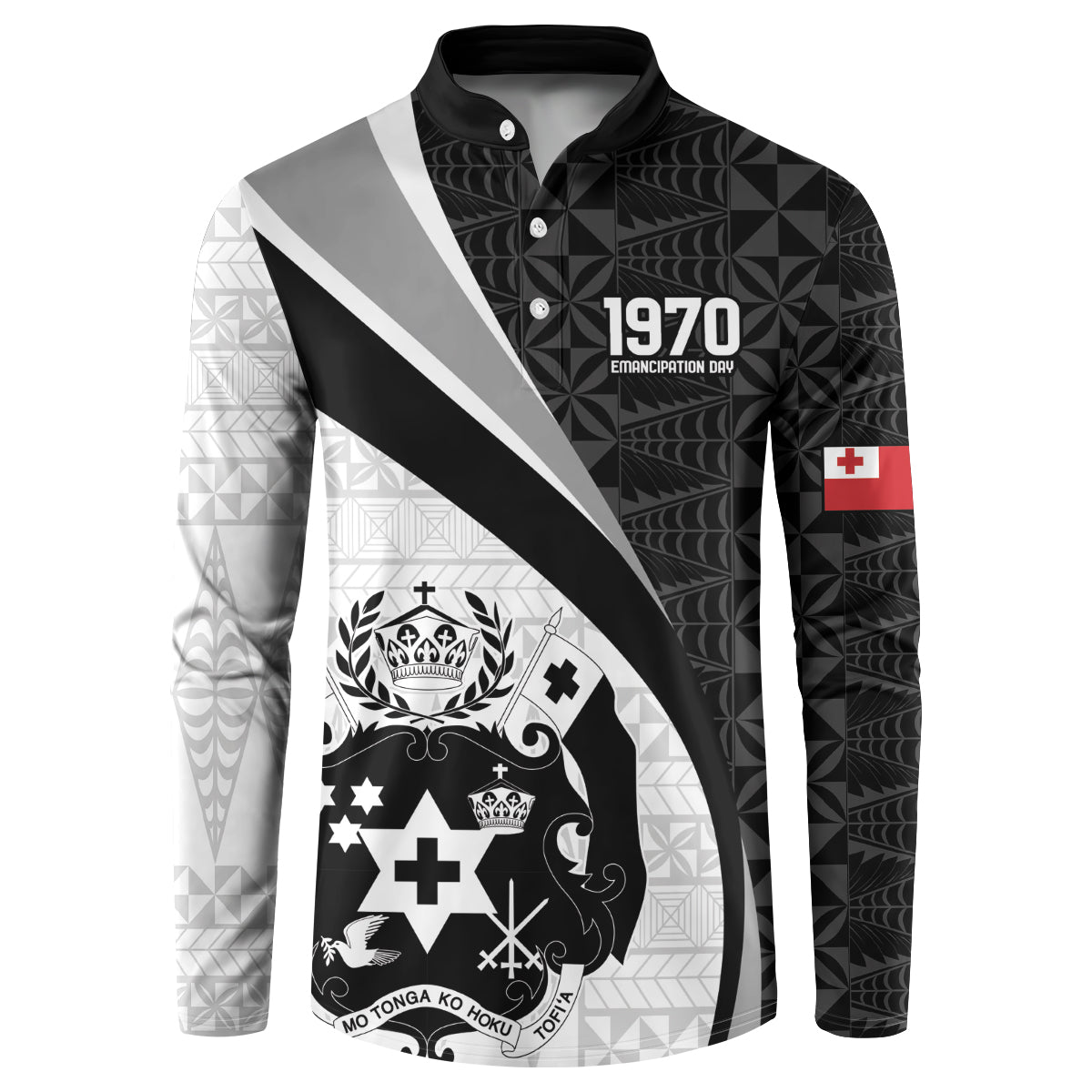 Personalised Tonga Emancipation Day Button Sweatshirt Since 1970 Ngatu Tribal Pattern LT9 Black - Polynesian Pride