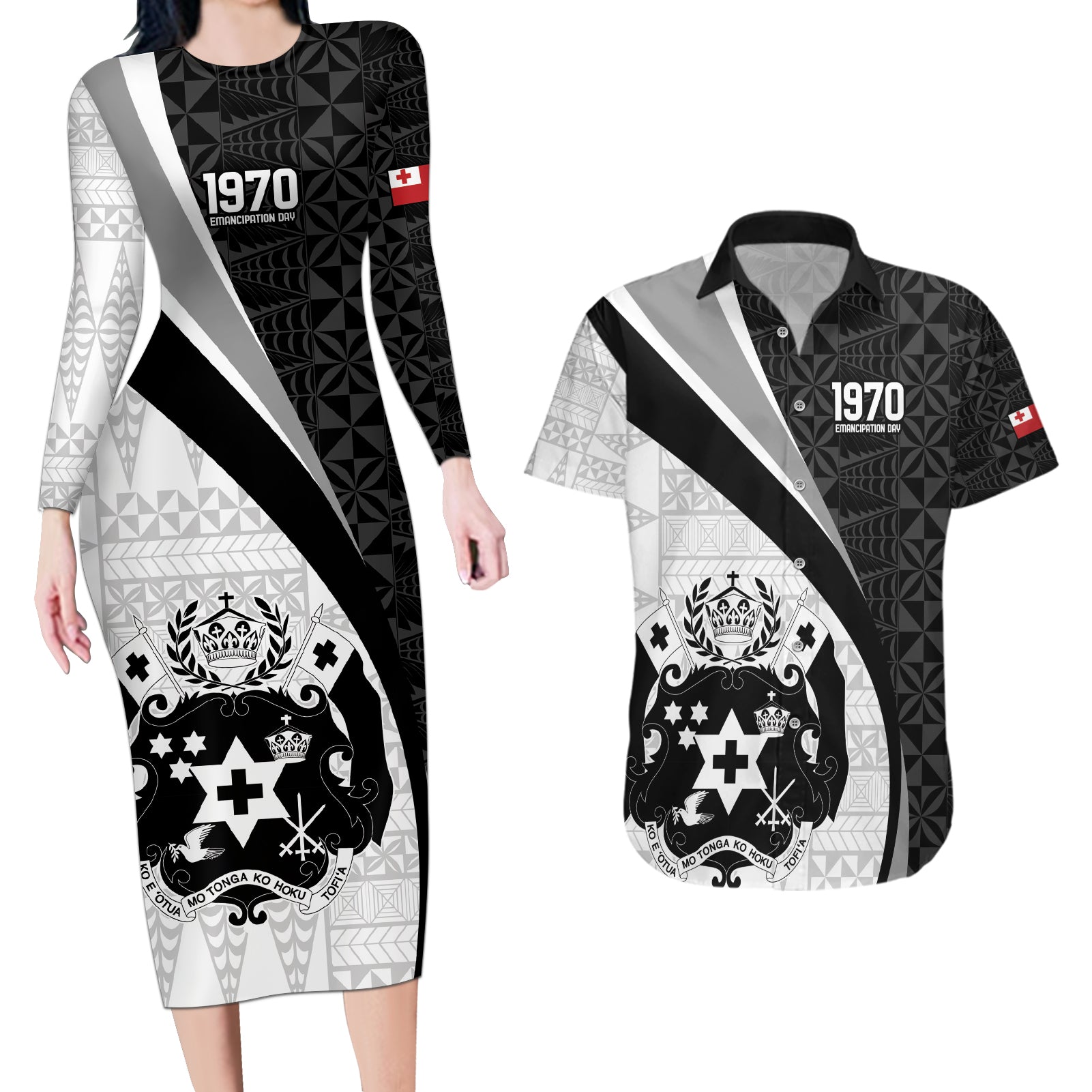 Personalised Tonga Emancipation Day Couples Matching Long Sleeve Bodycon Dress and Hawaiian Shirt Since 1970 Ngatu Tribal Pattern