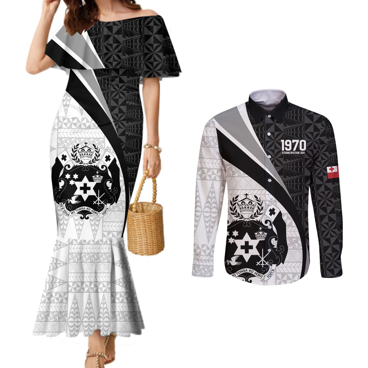 Personalised Tonga Emancipation Day Couples Matching Mermaid Dress and Long Sleeve Button Shirt Since 1970 Ngatu Tribal Pattern LT9 Black - Polynesian Pride