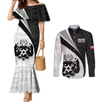 Personalised Tonga Emancipation Day Couples Matching Mermaid Dress and Long Sleeve Button Shirt Since 1970 Ngatu Tribal Pattern LT9 Black - Polynesian Pride