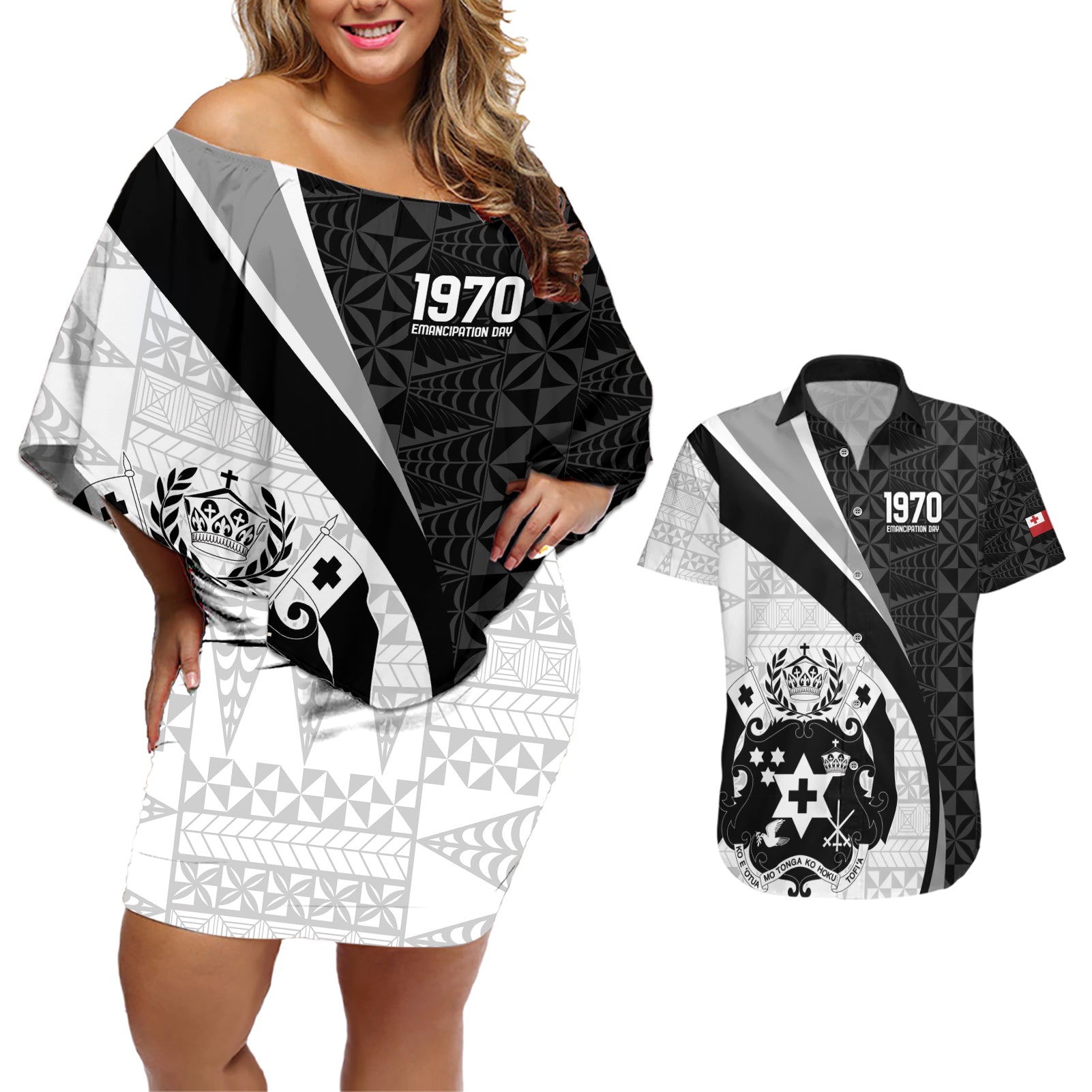 Personalised Tonga Emancipation Day Couples Matching Off Shoulder Short Dress and Hawaiian Shirt Since 1970 Ngatu Tribal Pattern