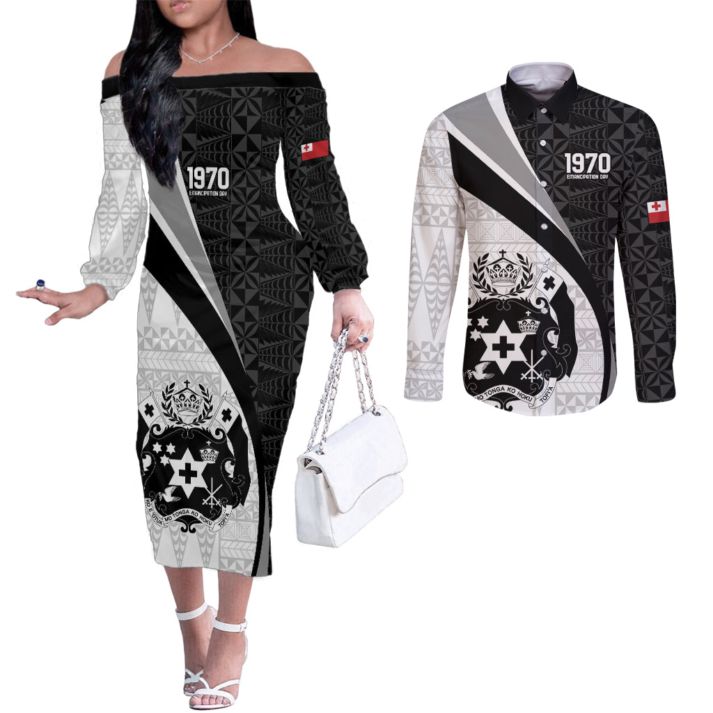 Personalised Tonga Emancipation Day Couples Matching Off The Shoulder Long Sleeve Dress and Long Sleeve Button Shirt Since 1970 Ngatu Tribal Pattern LT9 Black - Polynesian Pride