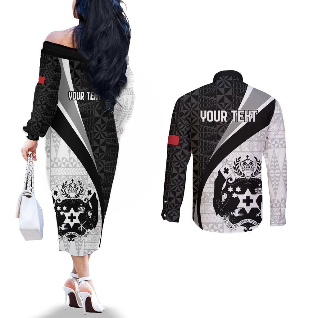 Personalised Tonga Emancipation Day Couples Matching Off The Shoulder Long Sleeve Dress and Long Sleeve Button Shirt Since 1970 Ngatu Tribal Pattern LT9 - Polynesian Pride