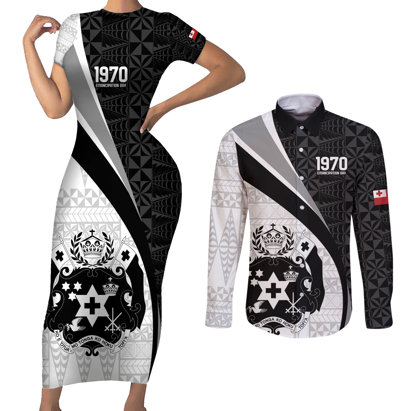 Personalised Tonga Emancipation Day Couples Matching Short Sleeve Bodycon Dress and Long Sleeve Button Shirt Since 1970 Ngatu Tribal Pattern