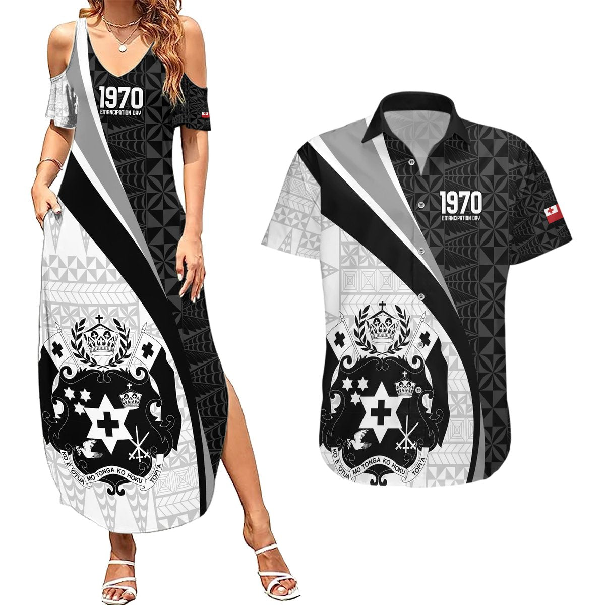 Personalised Tonga Emancipation Day Couples Matching Summer Maxi Dress and Hawaiian Shirt Since 1970 Ngatu Tribal Pattern LT9 Black - Polynesian Pride