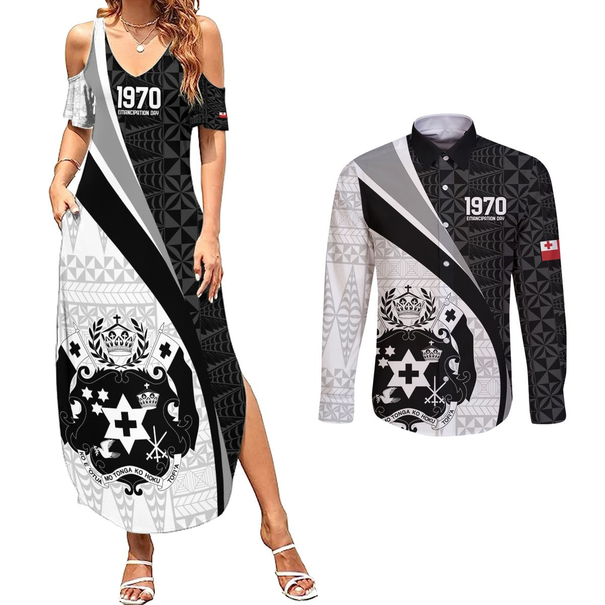 Personalised Tonga Emancipation Day Couples Matching Summer Maxi Dress and Long Sleeve Button Shirt Since 1970 Ngatu Tribal Pattern LT9 Black - Polynesian Pride