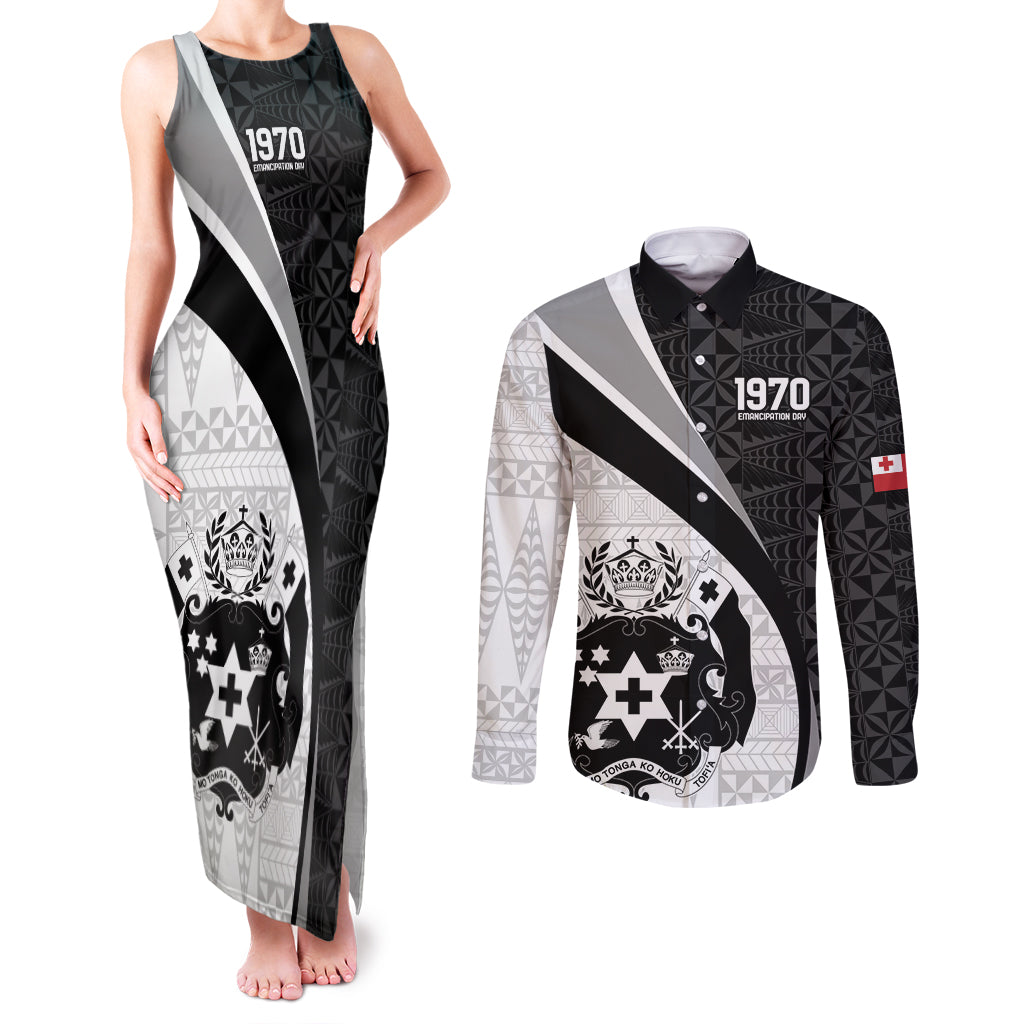 Personalised Tonga Emancipation Day Couples Matching Tank Maxi Dress and Long Sleeve Button Shirt Since 1970 Ngatu Tribal Pattern LT9 Black - Polynesian Pride