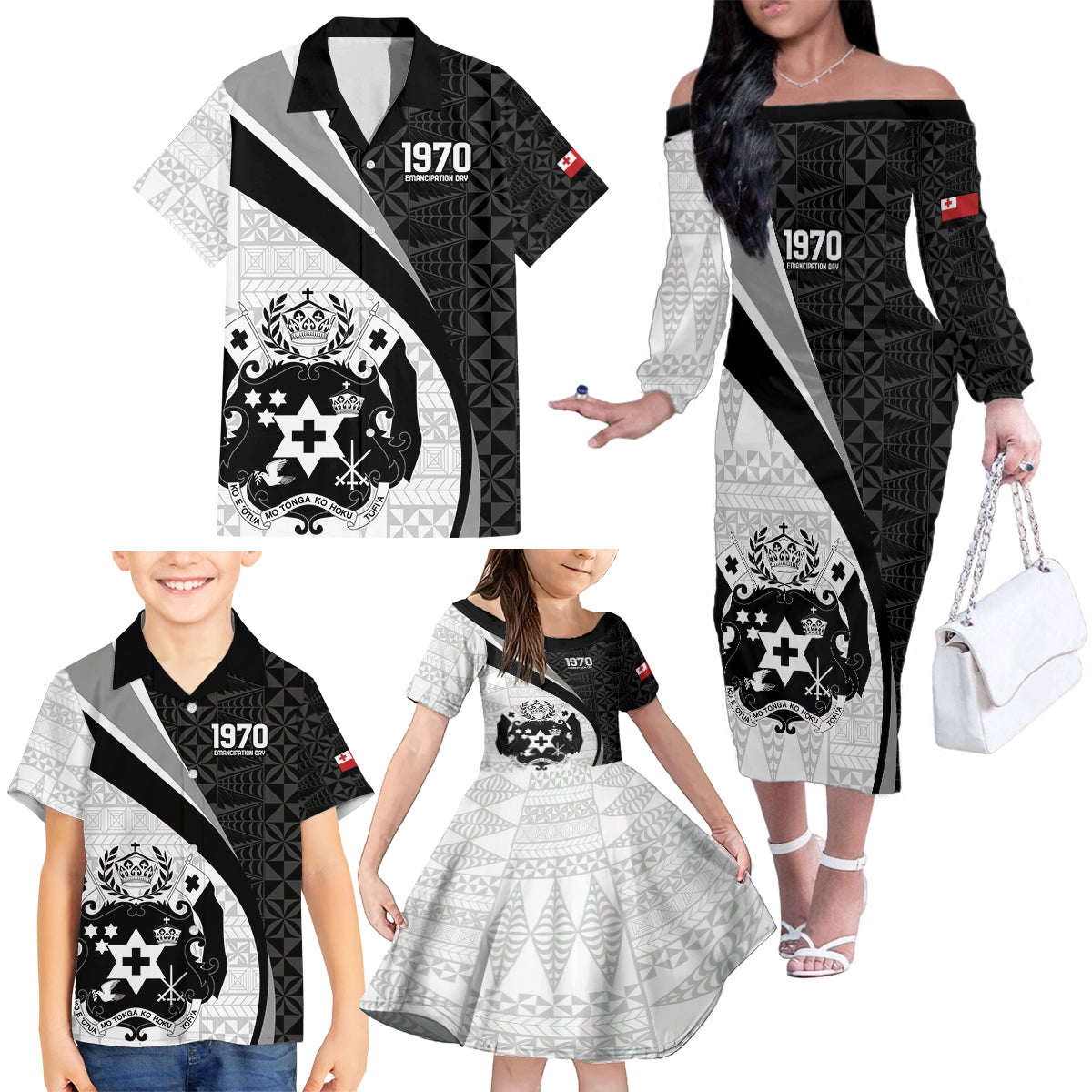 Personalised Tonga Emancipation Day Family Matching Off The Shoulder Long Sleeve Dress and Hawaiian Shirt Since 1970 Ngatu Tribal Pattern