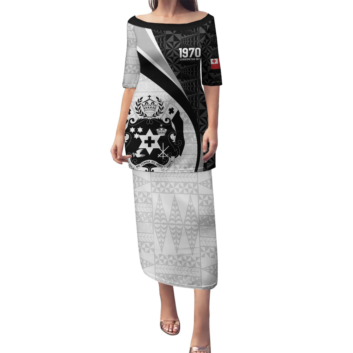 Personalised Tonga Emancipation Day Family Matching Puletasi and Hawaiian Shirt Since 1970 Ngatu Tribal Pattern LT9 Mom's Dress Black - Polynesian Pride
