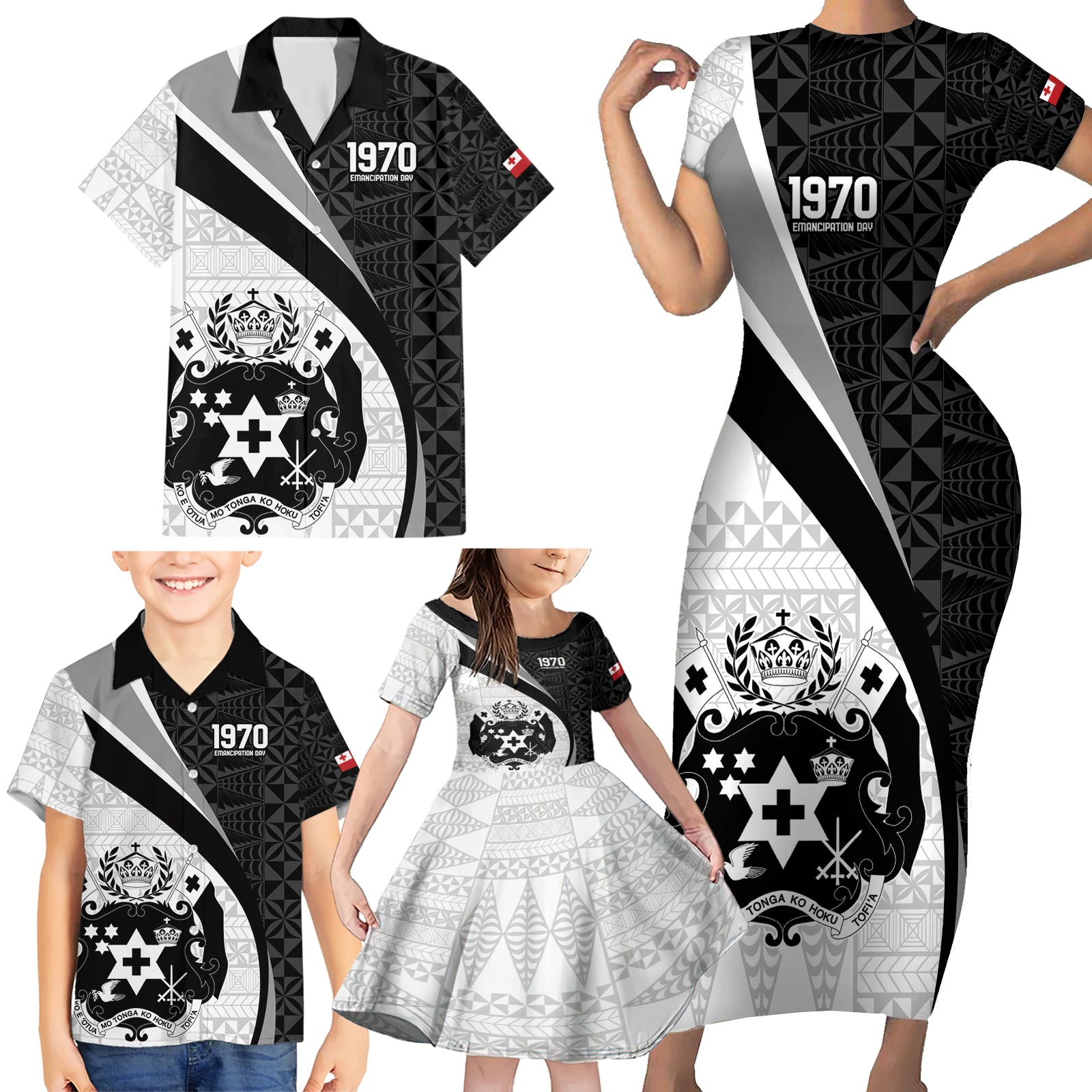 Personalised Tonga Emancipation Day Family Matching Short Sleeve Bodycon Dress and Hawaiian Shirt Since 1970 Ngatu Tribal Pattern LT9 - Polynesian Pride