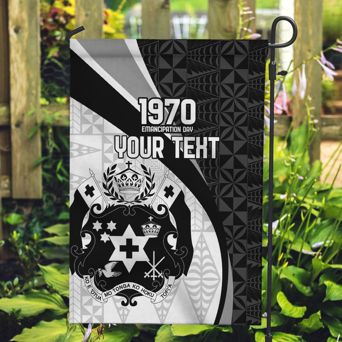 Personalised Tonga Emancipation Day Garden Flag Since 1970 Ngatu Tribal Pattern