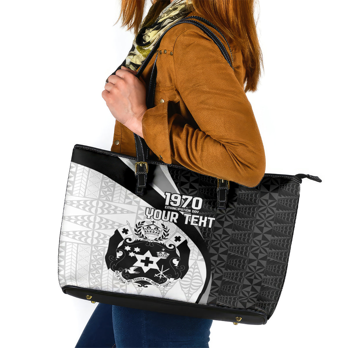 Personalised Tonga Emancipation Day Leather Tote Bag Since 1970 Ngatu Tribal Pattern LT9 Black - Polynesian Pride
