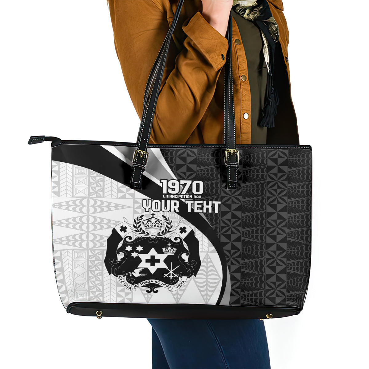 Personalised Tonga Emancipation Day Leather Tote Bag Since 1970 Ngatu Tribal Pattern LT9 - Polynesian Pride