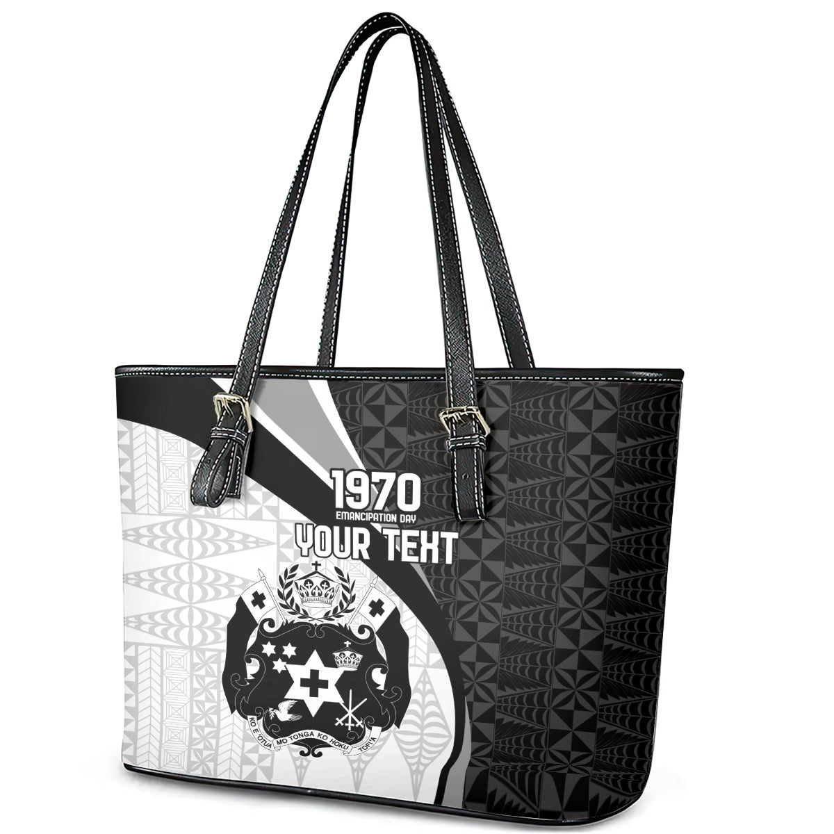 Personalised Tonga Emancipation Day Leather Tote Bag Since 1970 Ngatu Tribal Pattern LT9 - Polynesian Pride