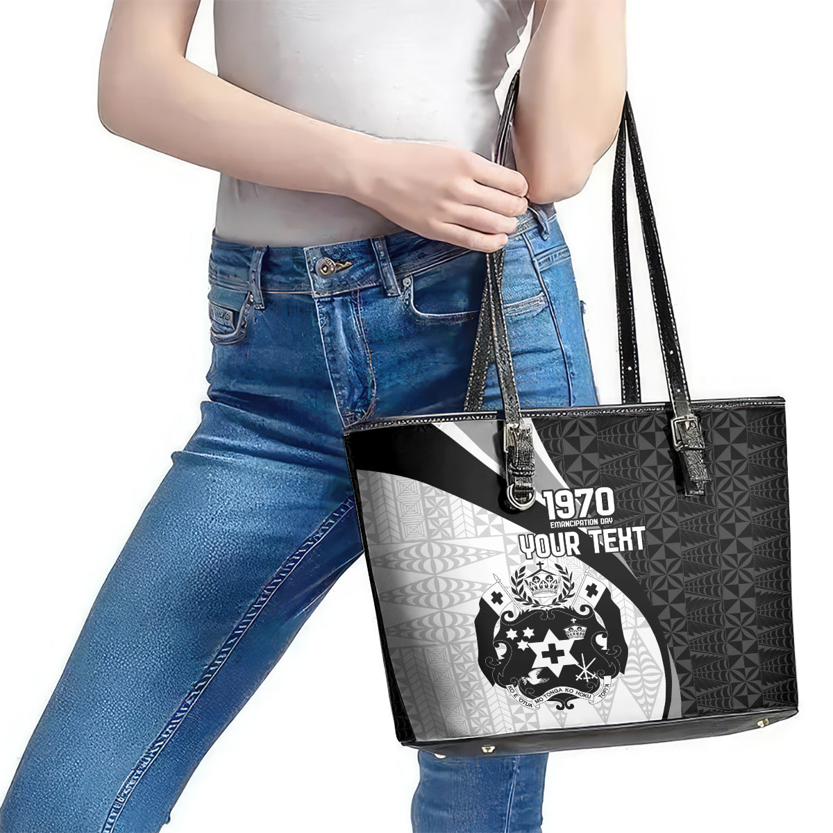 Personalised Tonga Emancipation Day Leather Tote Bag Since 1970 Ngatu Tribal Pattern LT9 - Polynesian Pride