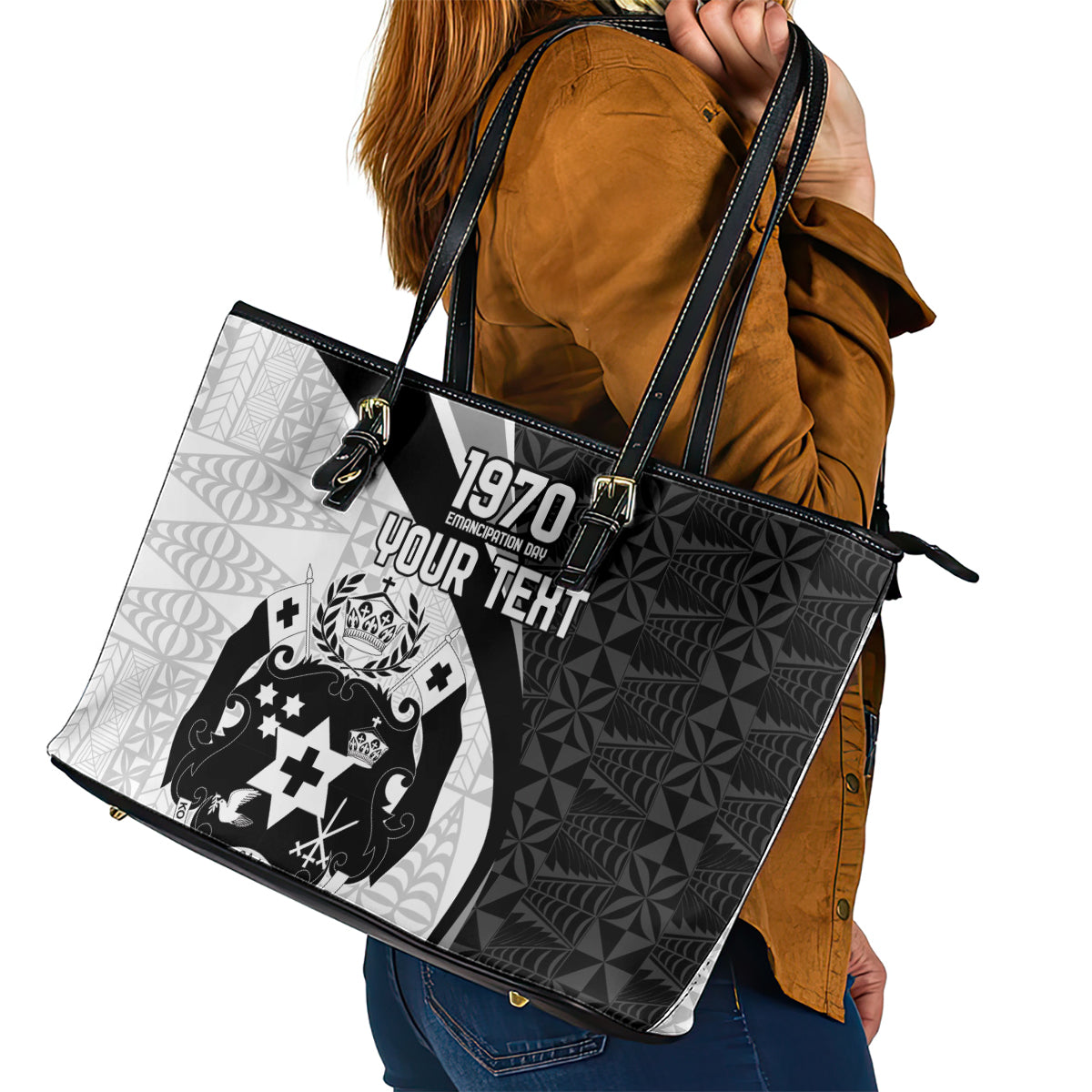 Personalised Tonga Emancipation Day Leather Tote Bag Since 1970 Ngatu Tribal Pattern LT9 - Polynesian Pride