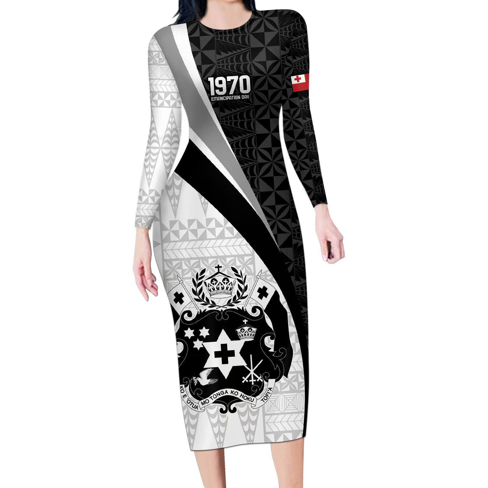 Personalised Tonga Emancipation Day Long Sleeve Bodycon Dress Since 1970 Ngatu Tribal Pattern