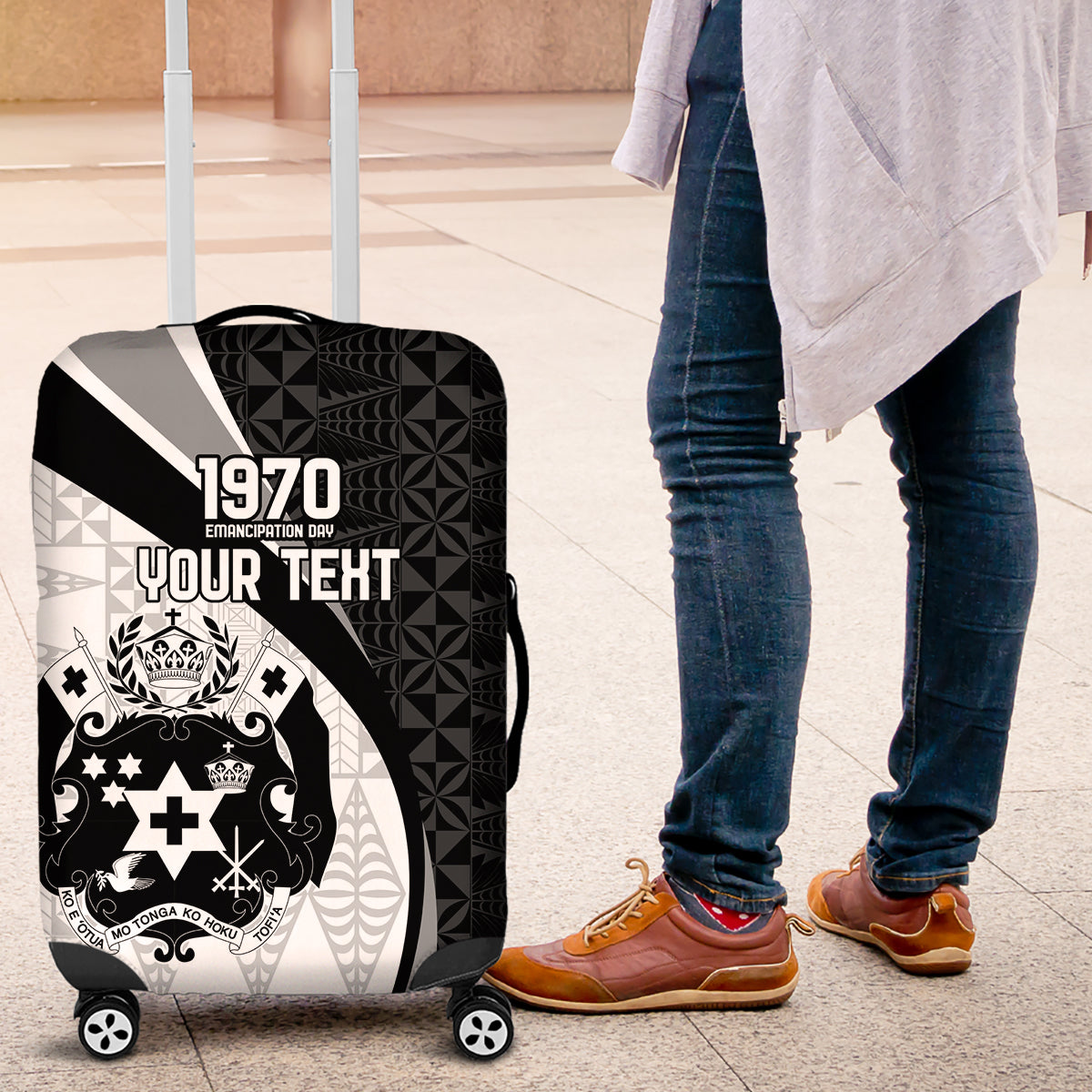 Personalised Tonga Emancipation Day Luggage Cover Since 1970 Ngatu Tribal Pattern