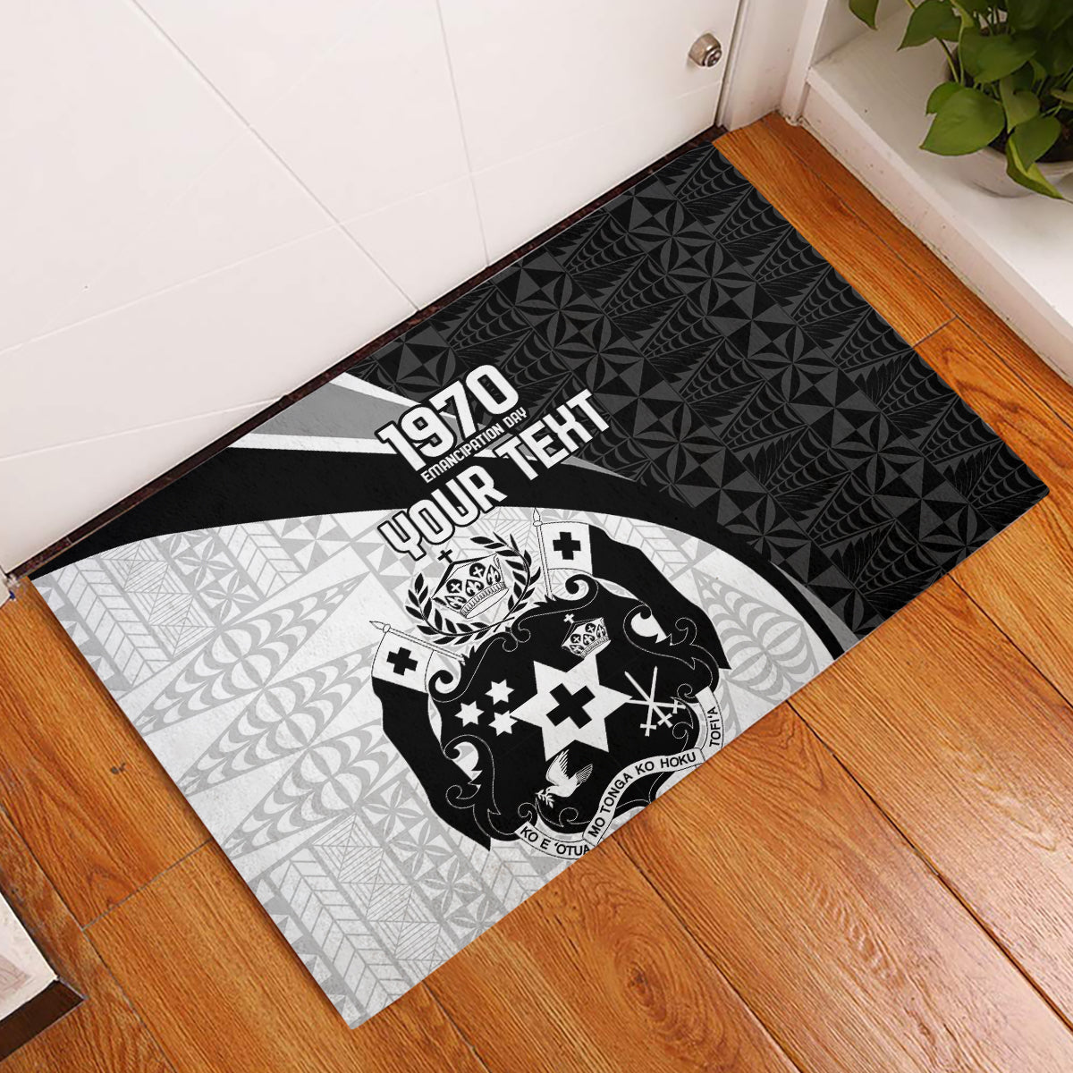 Personalised Tonga Emancipation Day Rubber Doormat Since 1970 Ngatu Tribal Pattern LT9 Black - Polynesian Pride