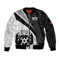 Personalised Tonga Emancipation Day Sleeve Zip Bomber Jacket Since 1970 Ngatu Tribal Pattern LT9 Unisex Black - Polynesian Pride
